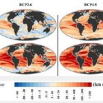 Climate velocity (km decade-1) for contemporary (1955-2005) and projected future sea temperatures (2050-2100) at sea surface and the mesopelagic layer under three IPCC greenhouse gas emission scenarios (RCP2.6, RCP4.5 and RCP8.5). (Isaac Brito-Morales et al., Nature Climate Change. May 25, 2020) Credit Isaac Brito-Morales et al., Nature Climate Change. May 25, 2020 
